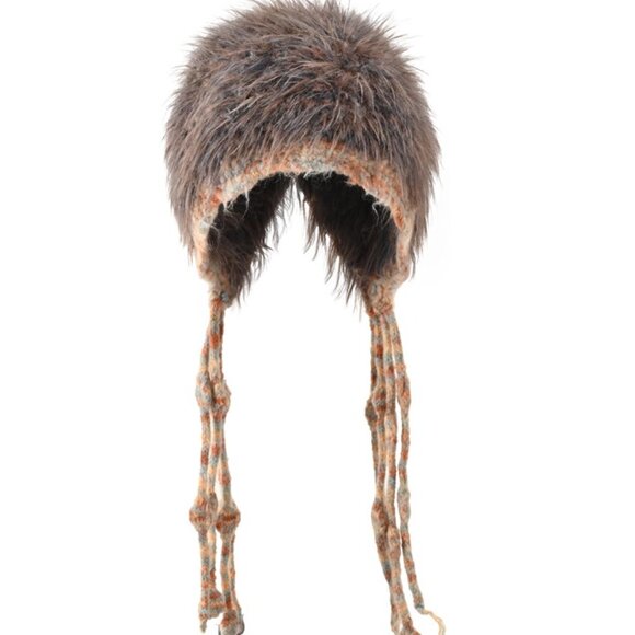 Soft Mohair-Style Ear Flap Beanie w/ Long Braided Tassels Boho Cozy Vibes Brown - Picture 2 of 2